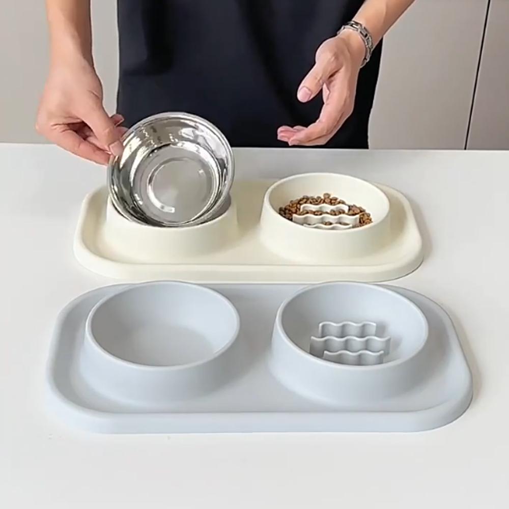 Small Medium Dog Silicone Bowl Anti-knockover Slow Food Plate Stainless Steel Pet Double Bowl