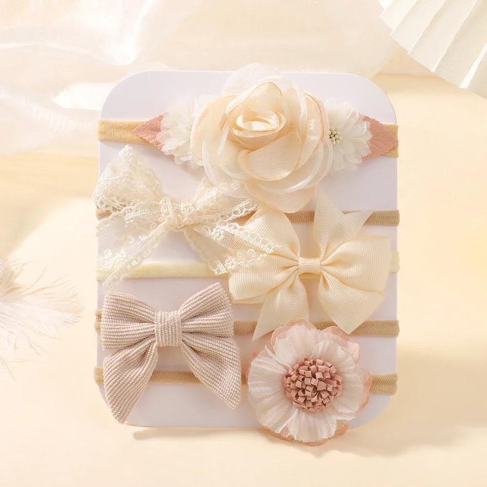 

ДЕТСКИЕ БАНТЫ 5 шт. Детская повязка на голову с кружевным бантом в виде цветка, эластичный нейлон, для новорожденной девочки, младенца, малышки, мягкий набор аксессуаров для волос