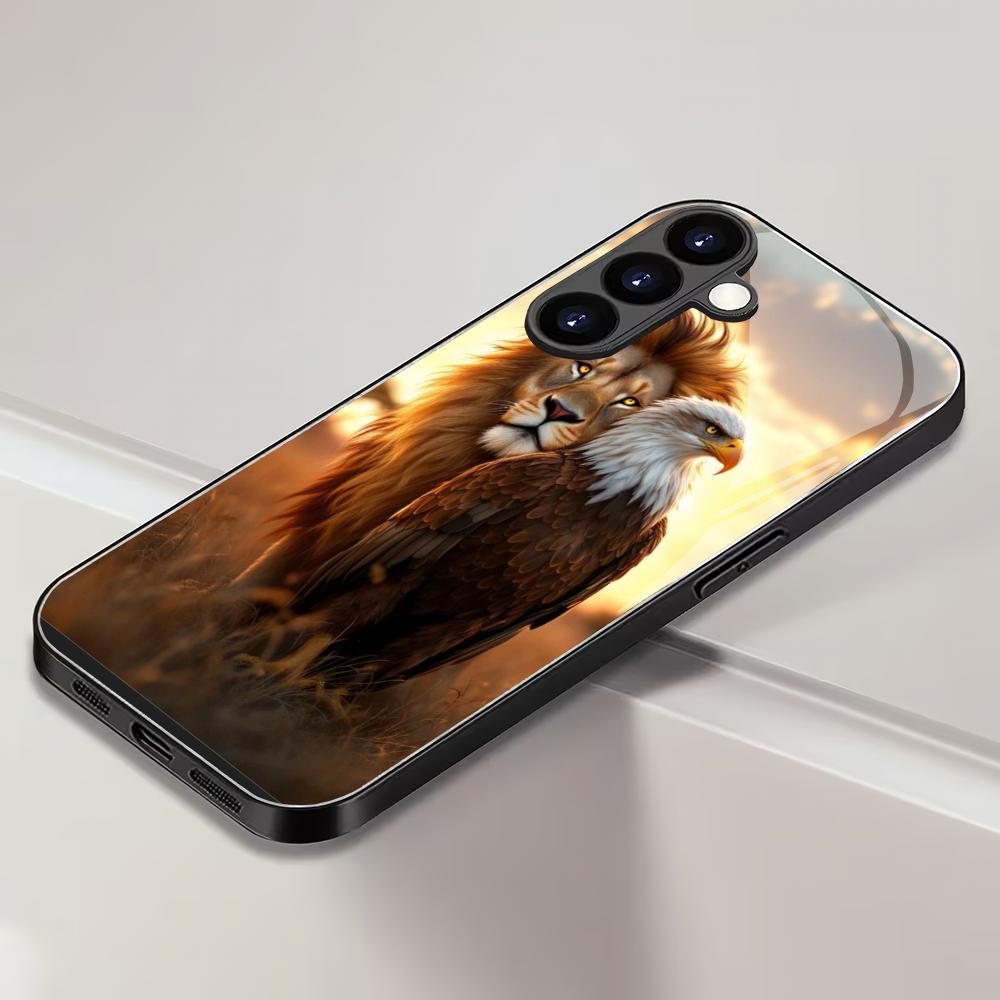 Lion Eagle Pattern Tempered Glass Phone Case Suitable for Samsung Galaxy S26 S25 S24 S22 S21 S20 FE/Ultra/Plus Scratch Resistant
