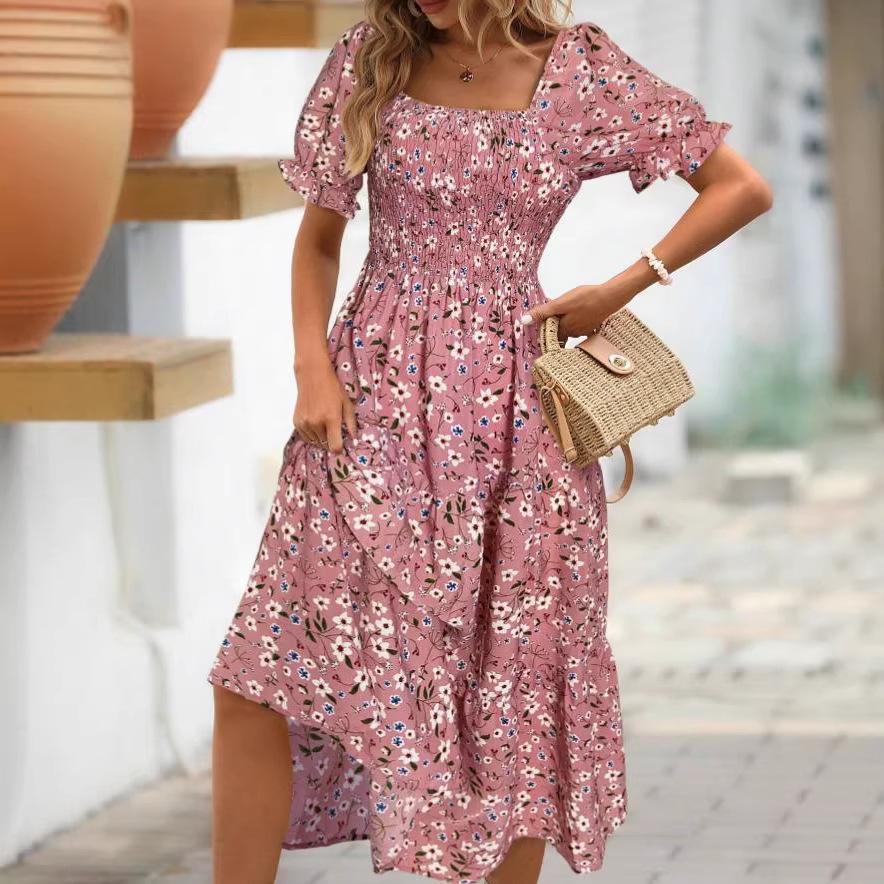 Women Dress Printed Square Collar Waist Puff Sleeve Layered Women's Dress Sweet Style Dress