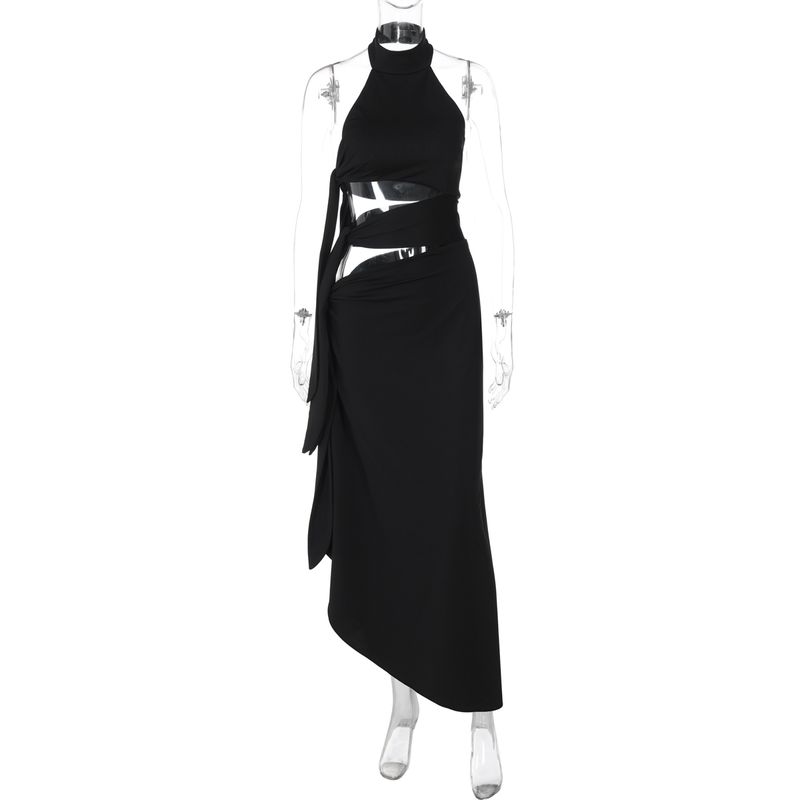 

Gusty Fancy Elegant Adult Lady like Woman Sexy Cutout Tied Dress Fashion Sexy Halterneck Irregular Long Dress Black S