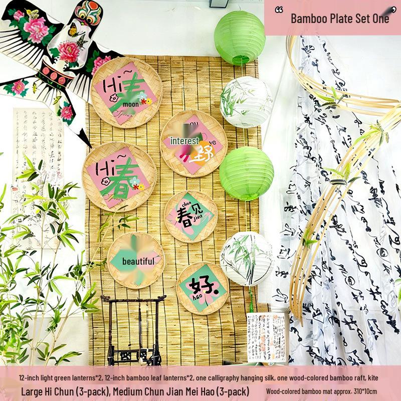 Spring Bamboo Plate Hanging Ornament Set for Teahouse and Homestay Decor & Photography Backgrounds