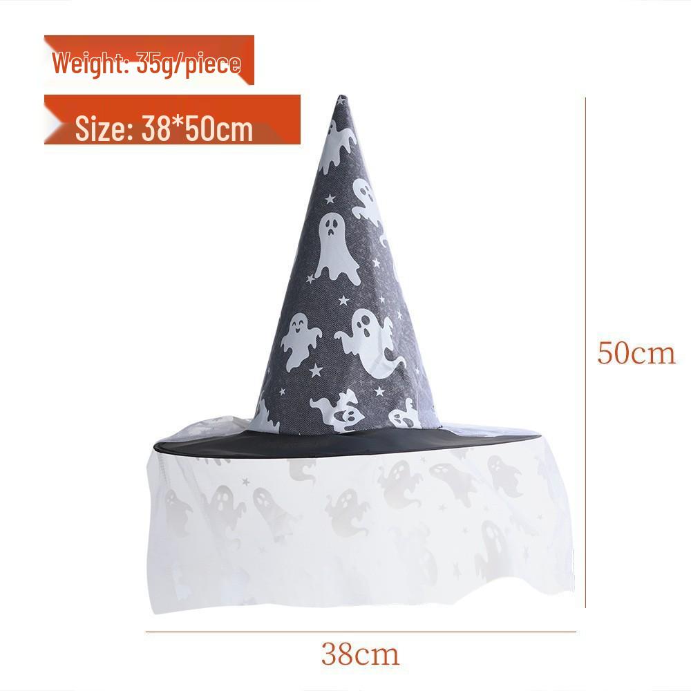Halloween Witch Hat with Mesh, Rose, Feather, Pumpkin, and Star Design