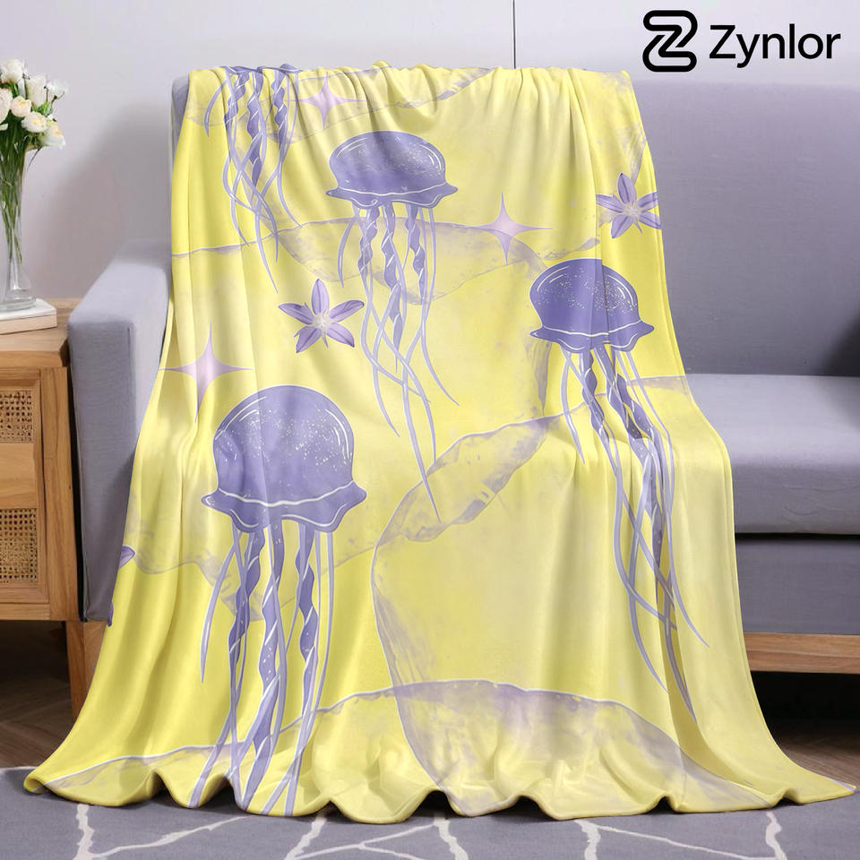 Purple Jellyfish Cartoon Anime Print Flannel Blanket Soft Warm Throw for Kids Bedroom Sofa Bed Christmas Office Car