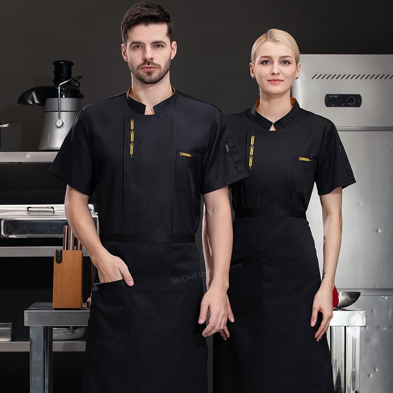 Sommar Herr Kortärmad Kockjacka Svart Uniform Kockrock Förkläde Arbetskläder Logotyp Kockshorts Andningsbar Restaurang Kök