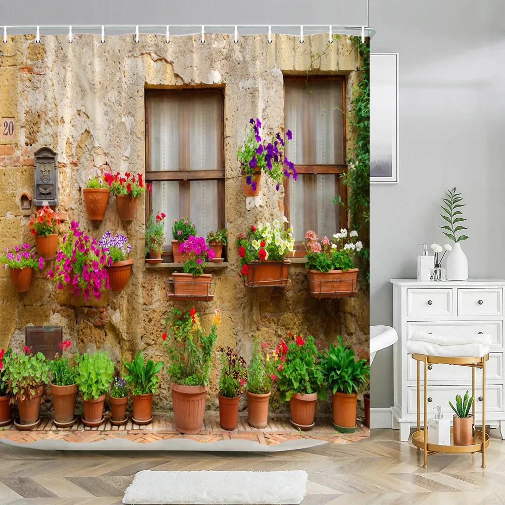 

Tuscan Shower Curtain Colorful Flowers Outside Home in Italian Hilltown Assisi Rustic Door Image Cloth Fabric Art Bathroom Decor 47x70in-120x180cm