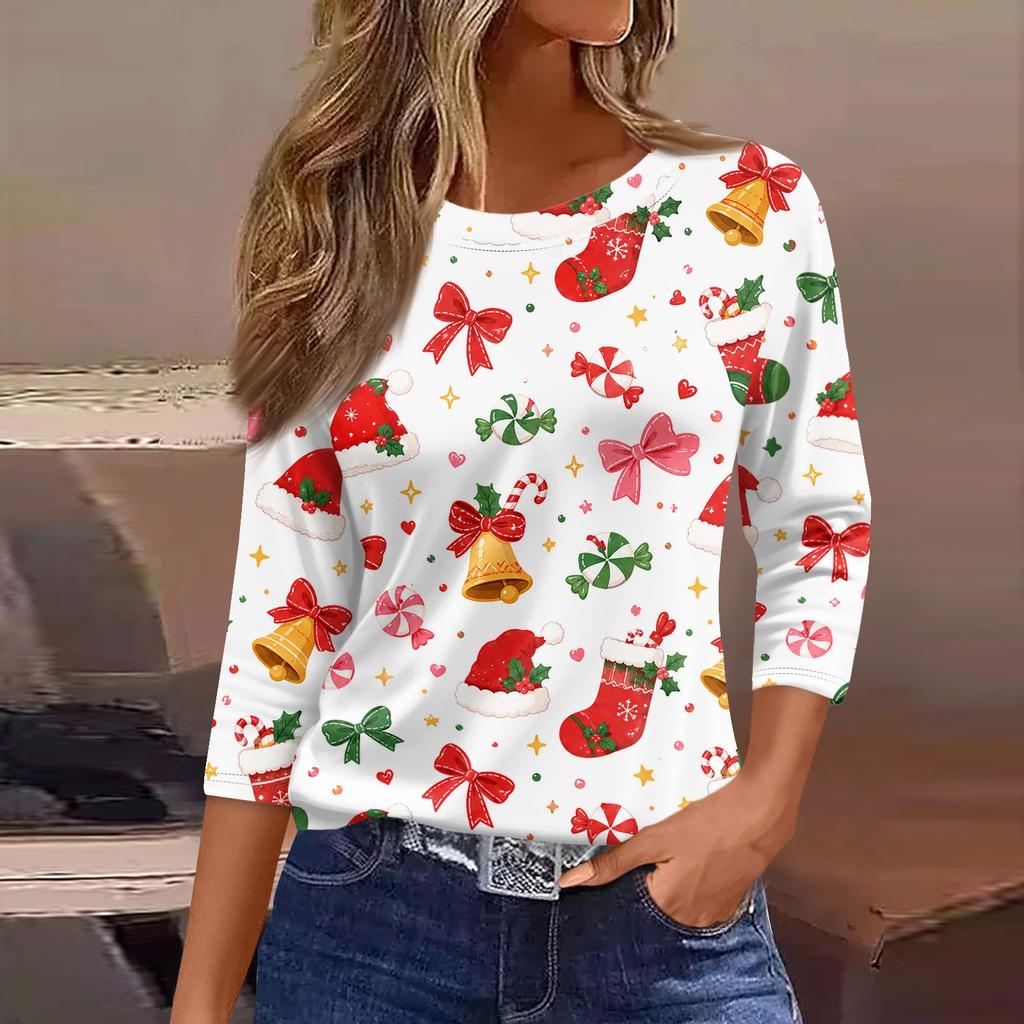 Women's Christmas Print Shirt Casual Retro Three-Quarter Sleeve Loose Fit Round Neck