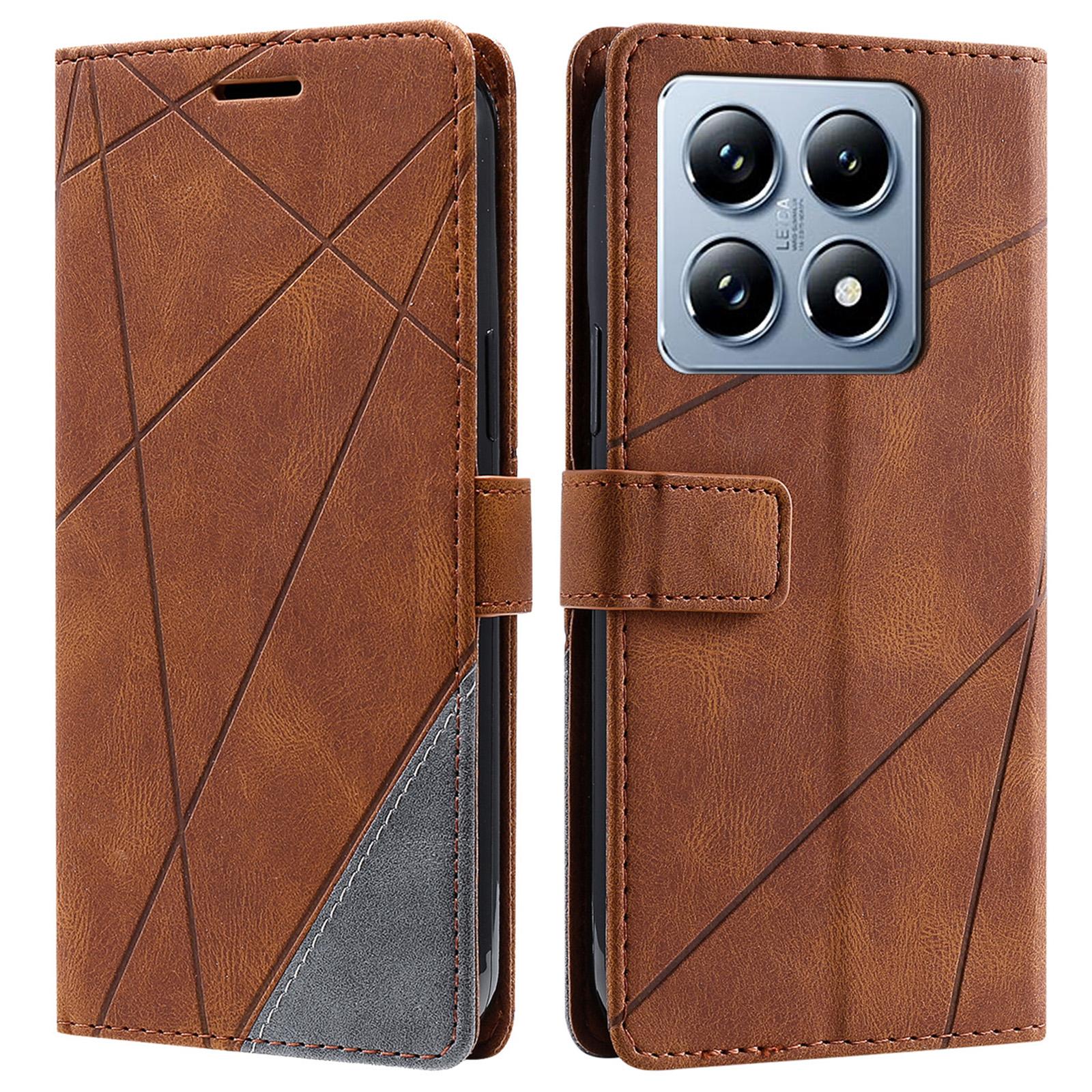

For Xiaomi 14T Pro Case Imprinted Lines PU Leather Splicing Wallet Phone Cover Brown
