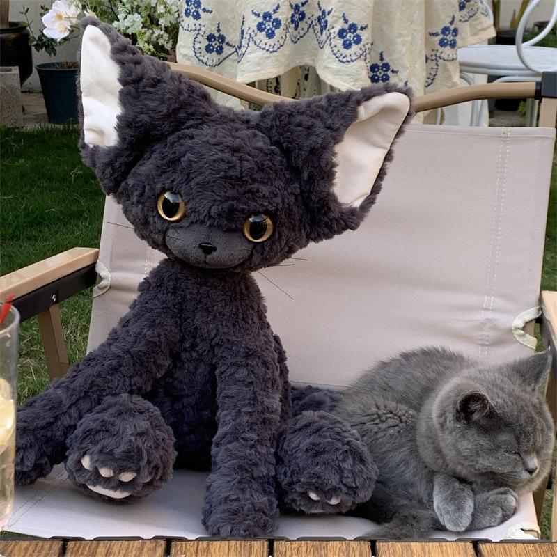 Süße Schwarze Deutsche Katze Puppe Große Ohren Lockige Katze Cartoon Katze Plüschtier Puppe Geschenk Puppe