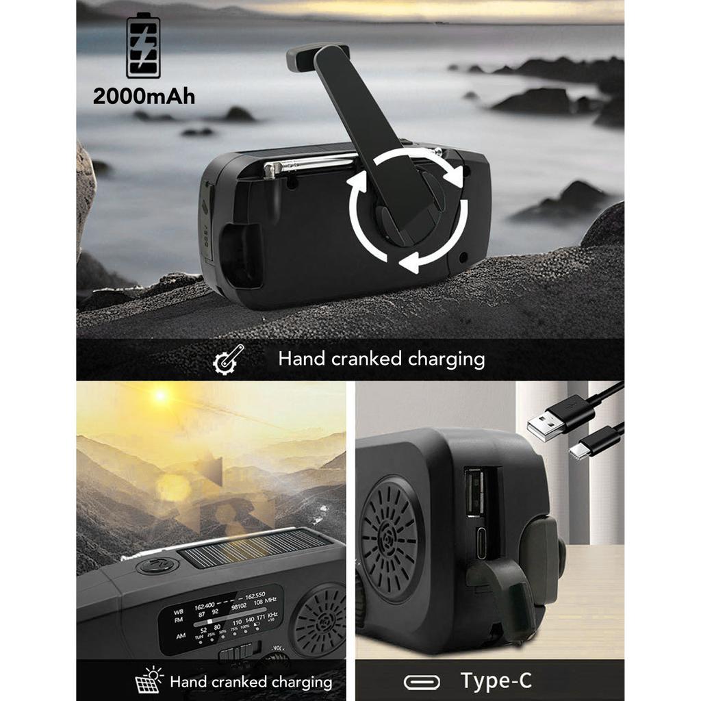 Solar Radio 2000mAh Battery Type C Charging Phone Emergency Weather Radio IPX3 Water Proof Portable for Camping