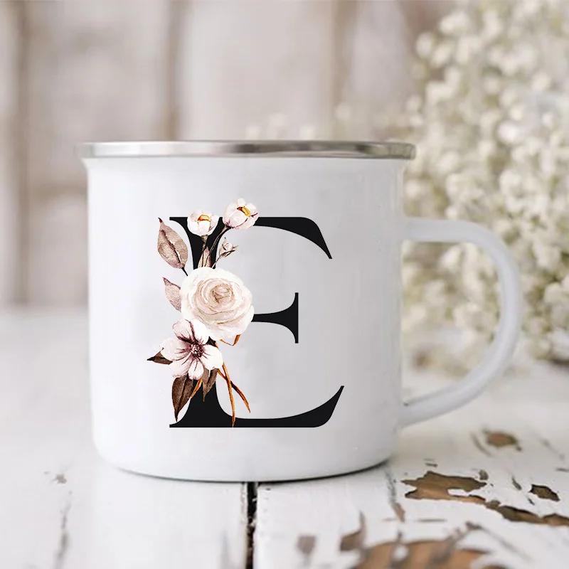 Initial Letter Print Mugs Enamel Creative Coffee Cups Drinks Wine Juice Milk Cup Vintage Home Office Handle Drinkware Best Gifts
