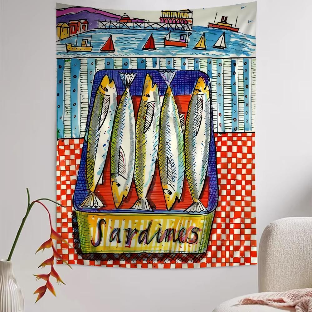 Bunte Sardine Hummer Fisch Wandteppich Böhmischer Meeres Wandbehang für Wohnzimmer Zuhause Studentenwohnheim Japanischer Stil Dekor