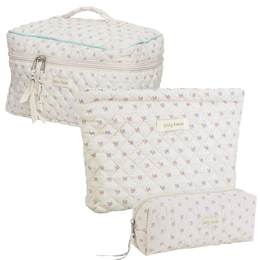 Women Padded Clutch with Zipper Quilted Cosmetic Pouch Cotton Floral Printed Large Capacity Female Girls Storage Bag Set