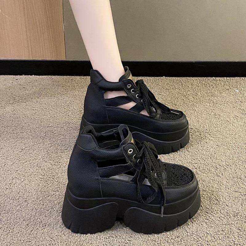 Fashion Autumn New Coarse Heel Shoes Women's Round Head Splicing Hollow Breathable Front Lacing Thick Sole Anti-slip Low-top Shoes