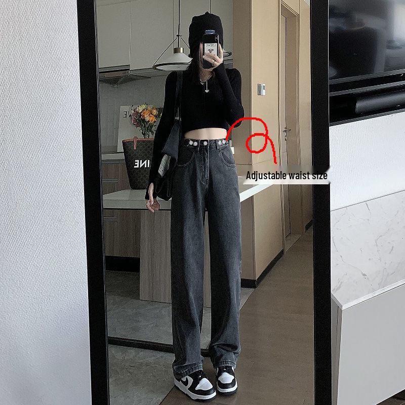 2023 Women's Korean Style Fleece-Lined High-Waisted Wide-Leg Jeans - Winter Slimming, Versatile, Loose, Straight-Leg Trend