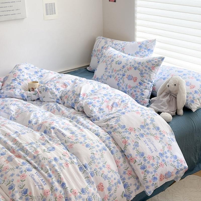 Class A Maternal Infant Grade Washed Cotton Linen 4-Pcs Set Double-Layer Yarn Quilt Cover Dormitory Bed Sheet 3-Pcs Set Household Bedding