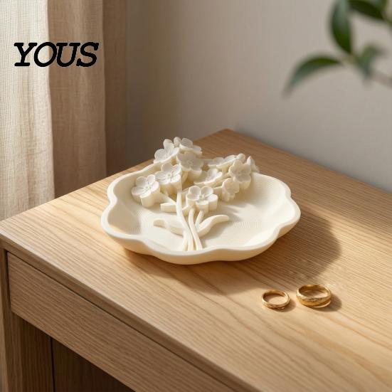 Small Item Organizer 3D Printed Floral Jewelry Tray with Wavy Edge, Carving Flower Earrings Ring Holder Necklace Dish Tray, Decorative