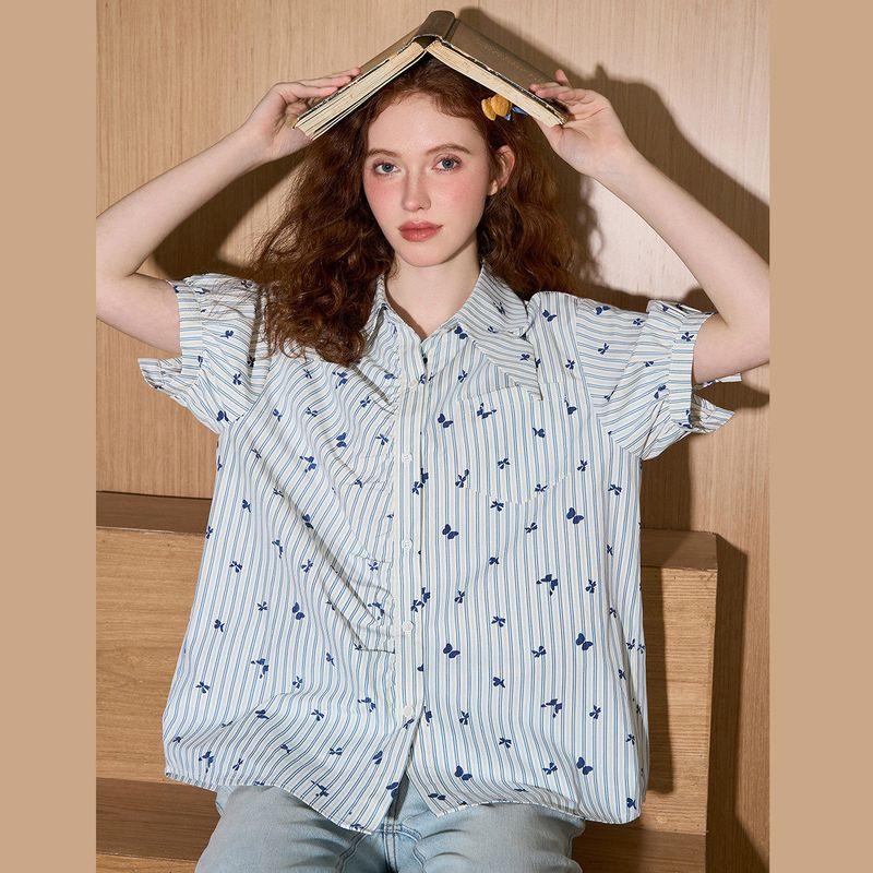 Coolhut Blue Striped Bow Loose Casual 2025 Summer Women's Shirt Short-Sleeved Pure Cotton Comfortable