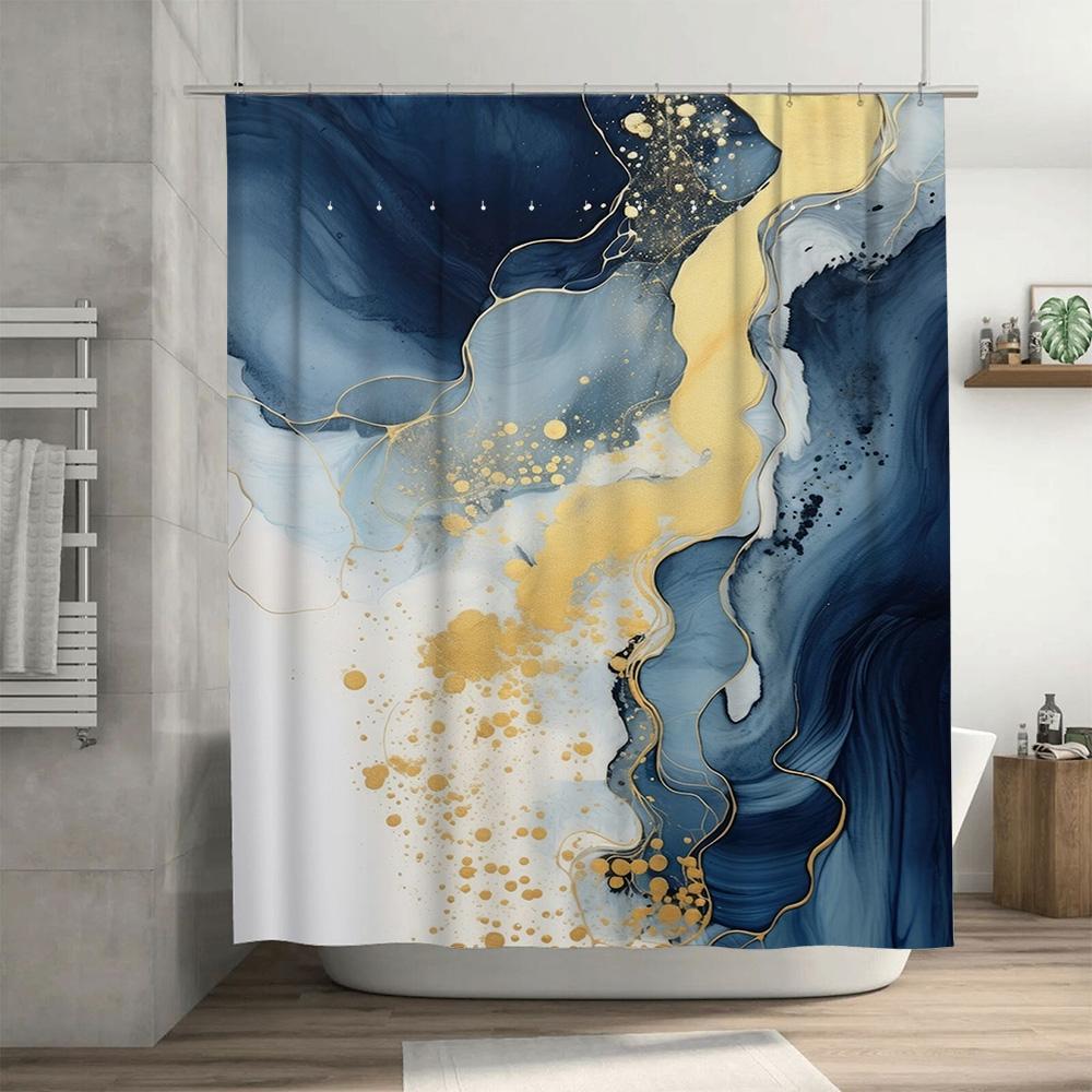Luxury Blue White Shower Curtain with Metallic Gold Foil Black Swirl Design for Bathroom Decor Artistic Bath Mat Set by TaurusDu