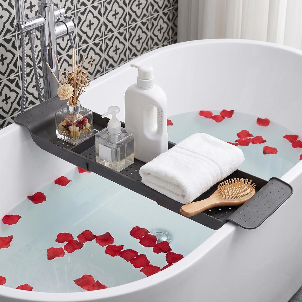 Extendable Bathtub Tray Caddy,Plastic Bathtub Storage Shelf for Shampoo,Books Drinks,Kitchen Dish Drying Rack,Kitchen Bathroom Accessory,White/Black
