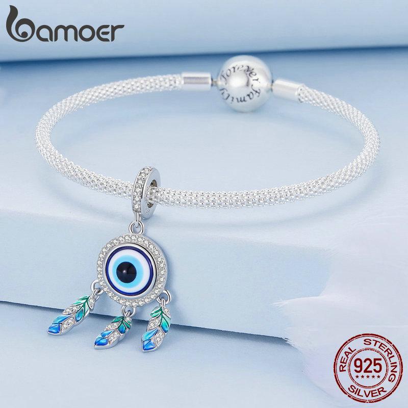 Bamoer 925 Sterling Silver Blue Devil's Eye Hanging Beads Dreamcatcher Pendant Charms for Women Bracelet DIY Fine Jewelry