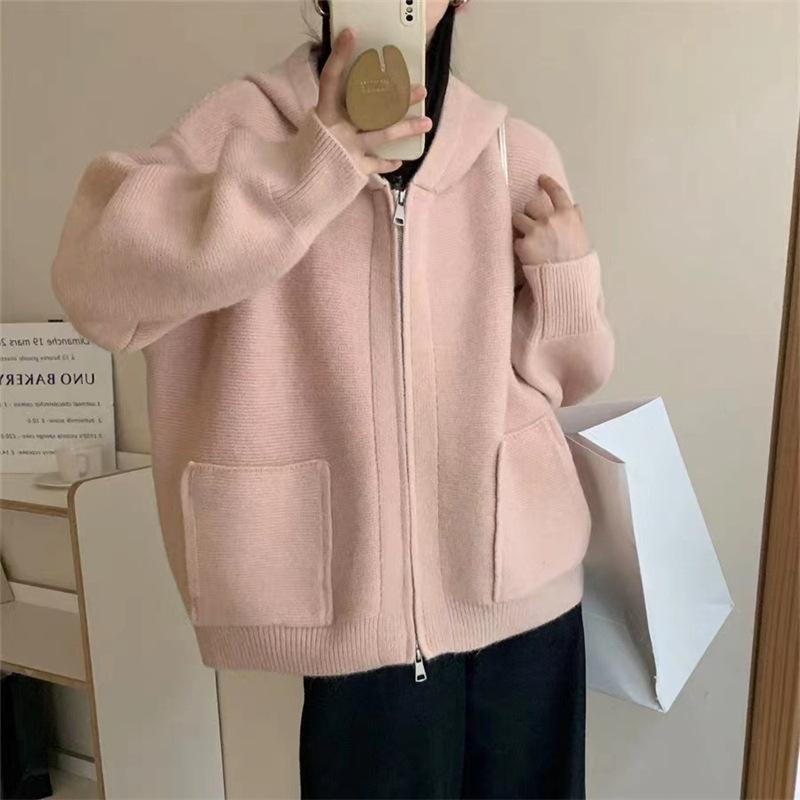 

Knitted cardigan women s clothing autumn and winter new loose casual simple double zipper hooded sweater jacket women One size