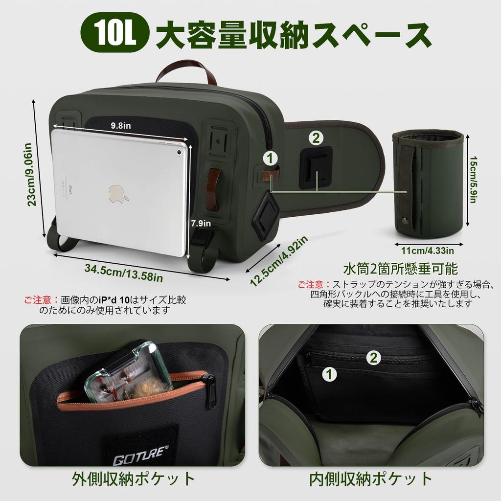 Goture Fishing 10L Large IPX8 840D TPU Fly Fishing Tackle Tackle for Outdoor Stream and Hiking Bag, Capacity, Waterproof, Material, Ultra-Lightweight,