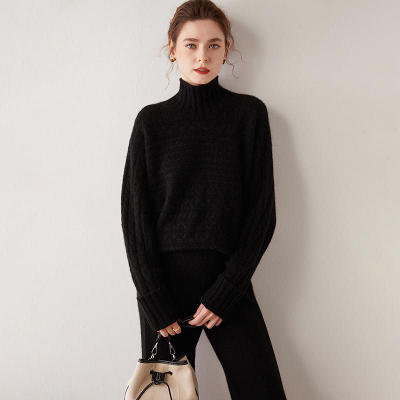 Women's Retro High-Neck Cable Knit Cashmere Sweater, Loose-Fit, Light Color, Pullover Style