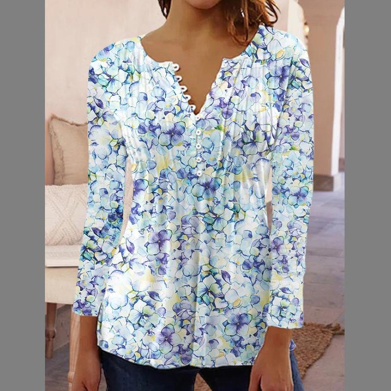 European and American Spring and Summer Fashionable Women's Floral Print V-neck Short Sleeved Pleated Button T-shirt with A Base