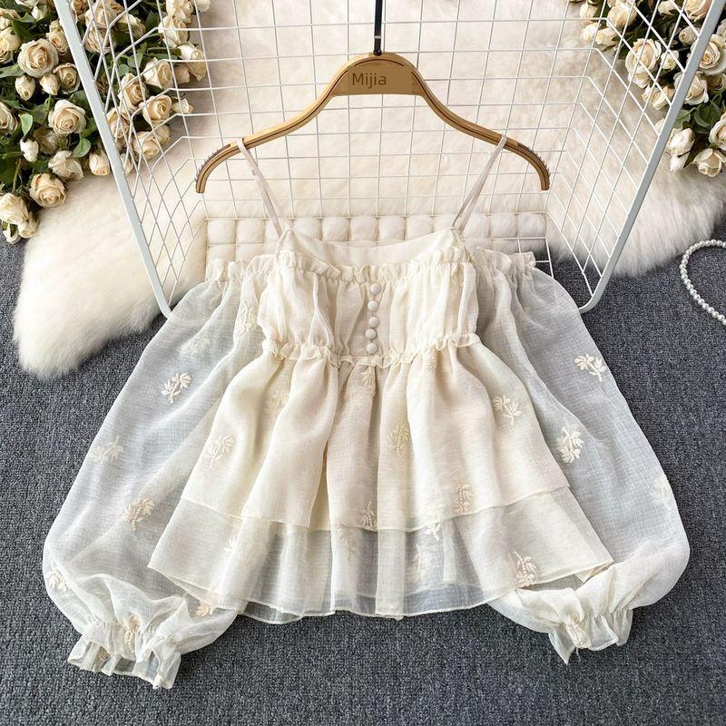 

Off-the-Shoulder Sexy Ruffled Spaghetti Straps Casual Tops Embroidered Apricot color One size