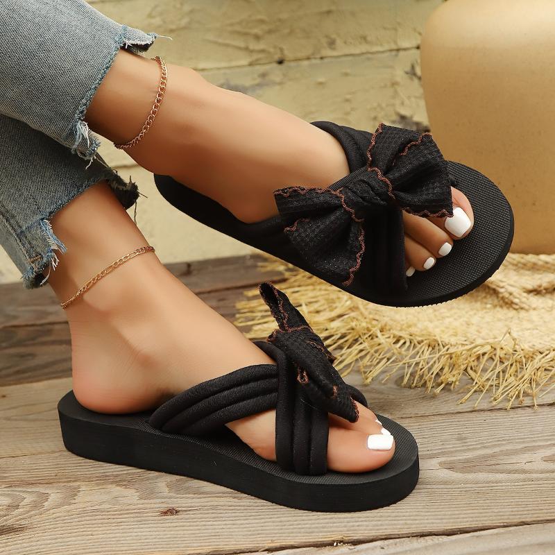

Fashion Women s Slippers Summer New Round Head Fabric Butterfly Knot Soft Sole Anti-slip Wear-resistant Flat Sandals 36 чёрный