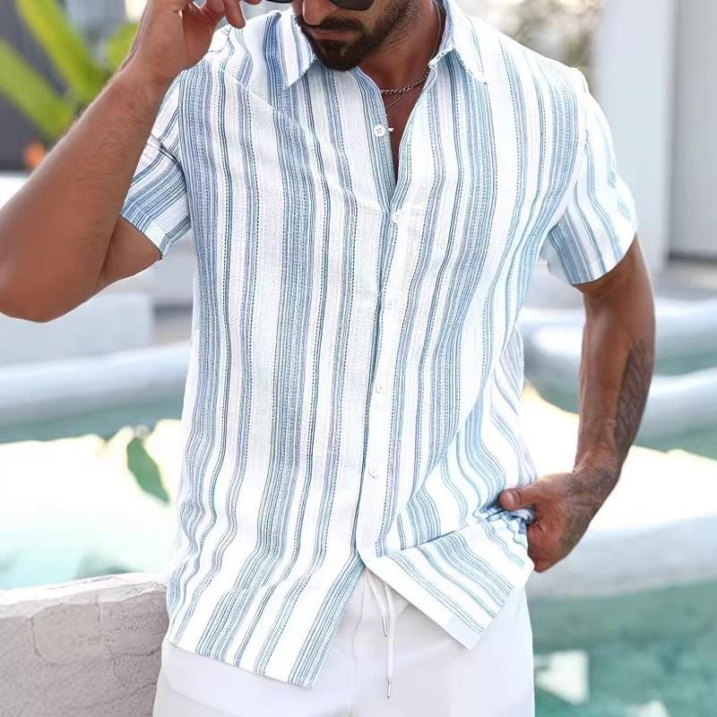 2026 Men's Summer New Style Turn-down Collar Striped Short-sleeve Casual Versatile Shirt