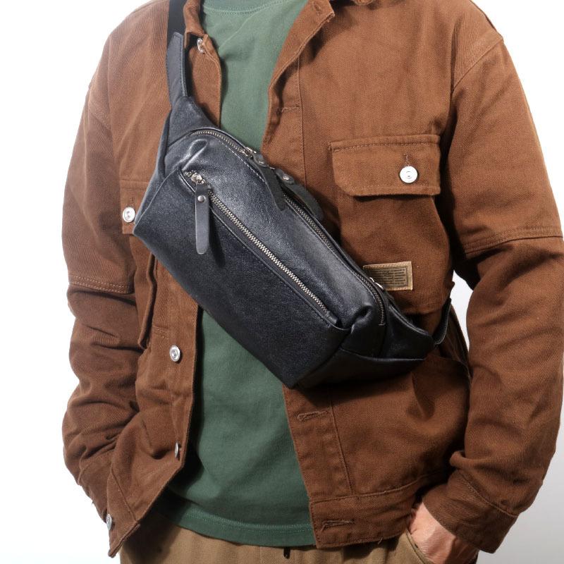 Head Layer Cowhide Men's Chest Bag, Men's Leather Diagonal Shoulder Bag, Casual Crossbody Bag, Shoulder Bag, Diagonal Cross Small Backpack Waist Bag