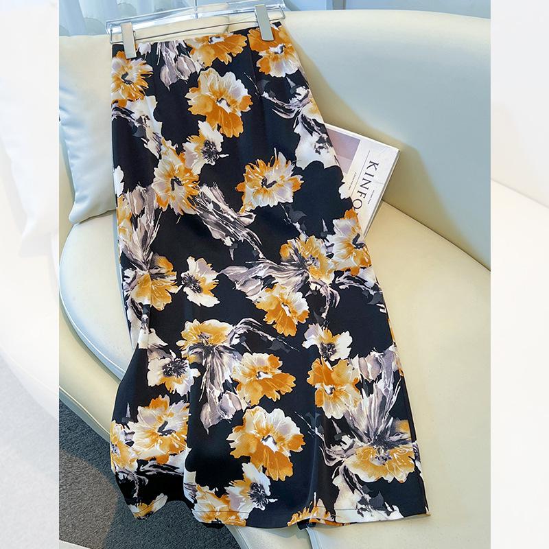 2025 Women's High-Waisted Satin Floral Midi Skirt - Summer A-Line Pencil Design