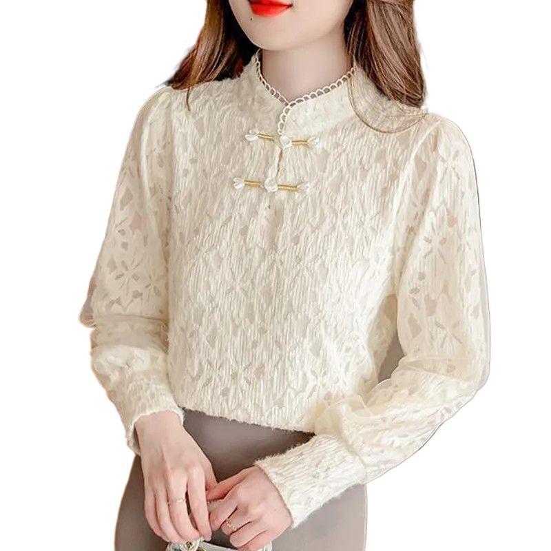 Women's Autumn/Winter Slim Fit Lace Stand Collar Shirt with Velvet Tummy Covering Top