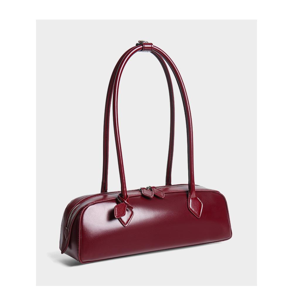 New Korean niche design single shoulder large capacity cowhide underarm bag long red baguette bag women бордовый