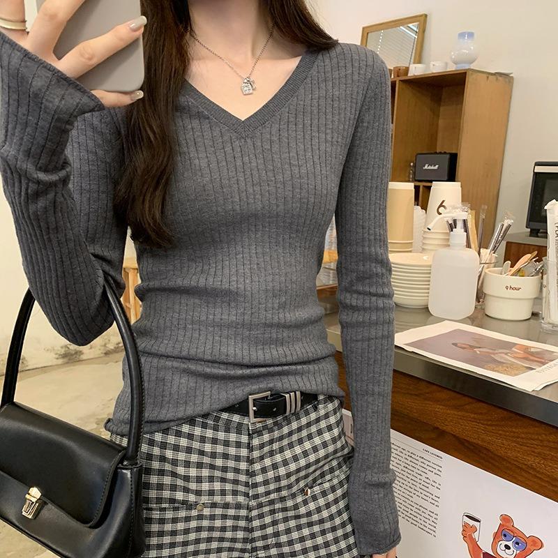 Spice Girl Collar Pit Strip Design Long-sleeved Bottoming Shirt Women's Spring Slim-fitting and Thin Inner Top Knitted Sweater