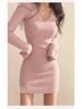 High-End Pink V-Neck Knit Dress: Women's Autumn/Winter Hip-Hugging Skirt, New Year Hot Girl Outfit.