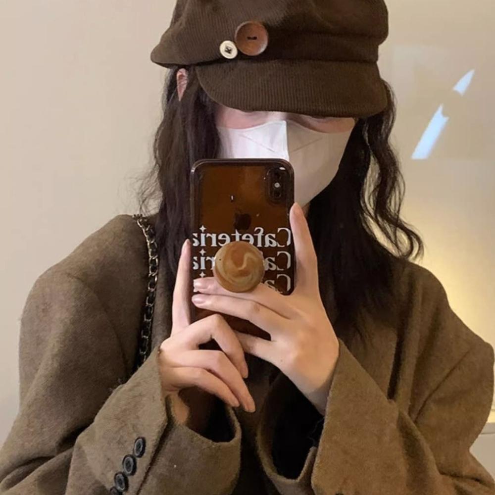 Hat Female Autumn and Winter Octagonal Hat Button Brown Japanese Corduroy Season Versatile Face Painter Hat Newsboy