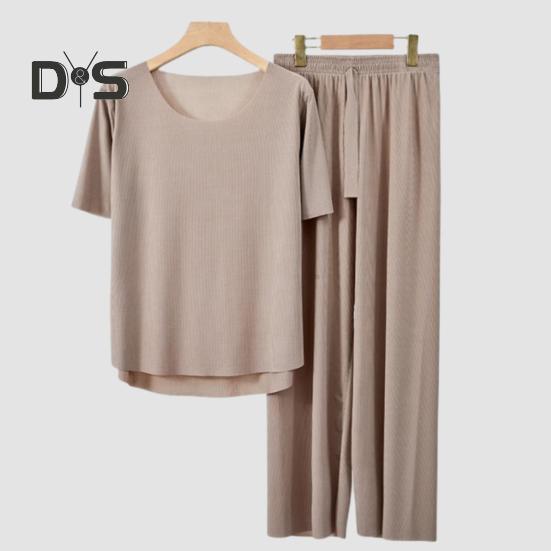 2-teiliges Sommer-Pyjama-Set mit O-Ausschnitt, kurzärmeligem T-Shirt, elastischer Bund, lange Hosen, einfarbige Nachtwäsche aus Eisseide