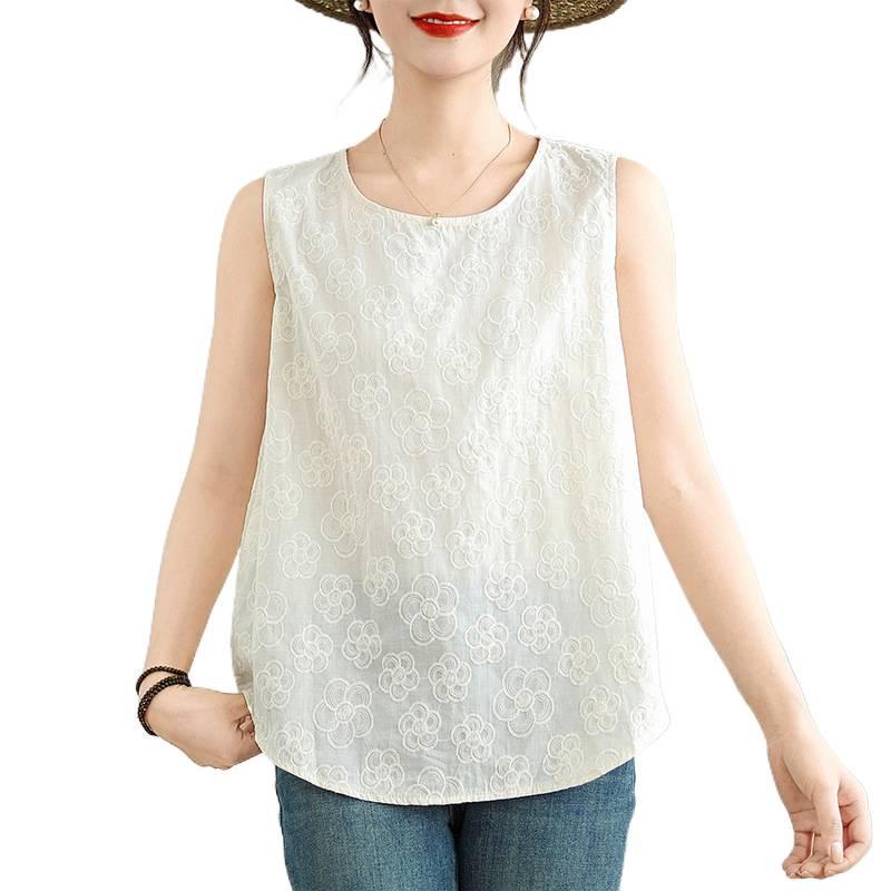 Women's Beige Embroidered Cotton Sleeveless Vest - New Chinese Style
