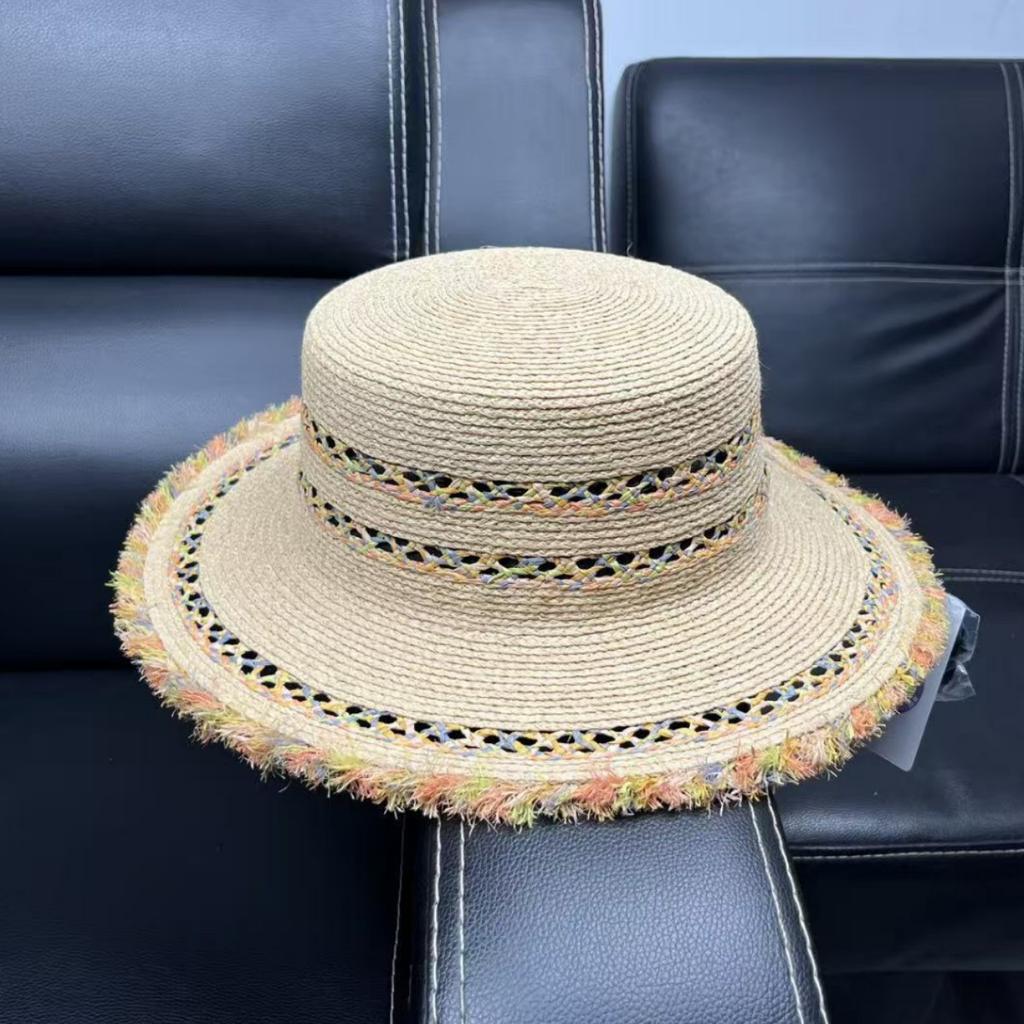 High Quality Rainbow Decorative Crochet 100% Raffia Hat Women's Sunscreen Flat Top Top Top Hat Summer Outing Straw Hat