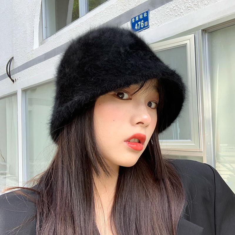 Hat Winter Women's Fashion Solid Color Rabbit Fur Hat Bucket Cap  Fisherman's Hat Retro Knitted Wool Basin Bucket Hat