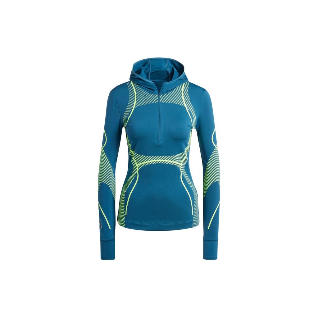 Adidas X Stella McCartney Color Block Logo Slim Fit Hooded Long Sleeve Regular T-Shirt Women Tops Blue IT9050