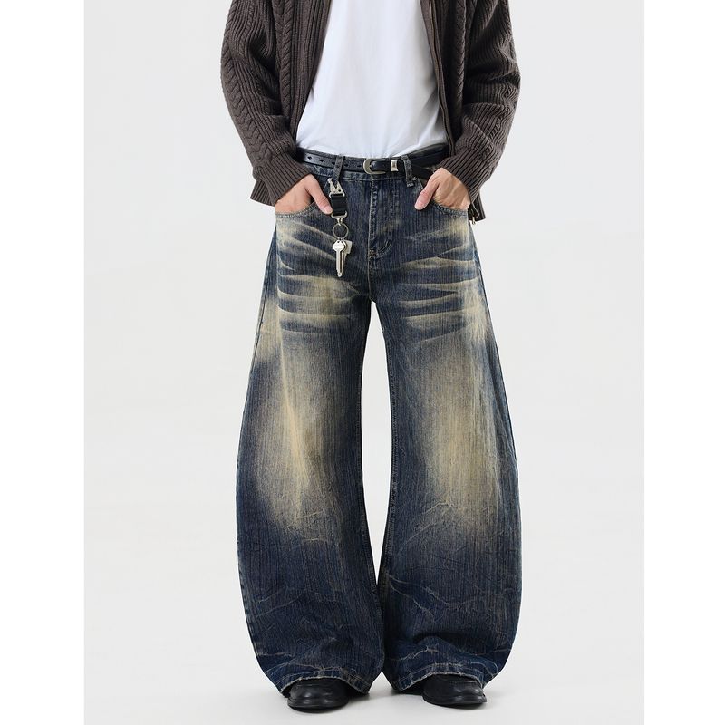 

Acrardic High Street Dirty-Dyed Whiskered Blue Scimitar Jeans for Men, American Retro Wide-Leg Slub Pattern Long Pants Retro Blue 2XL