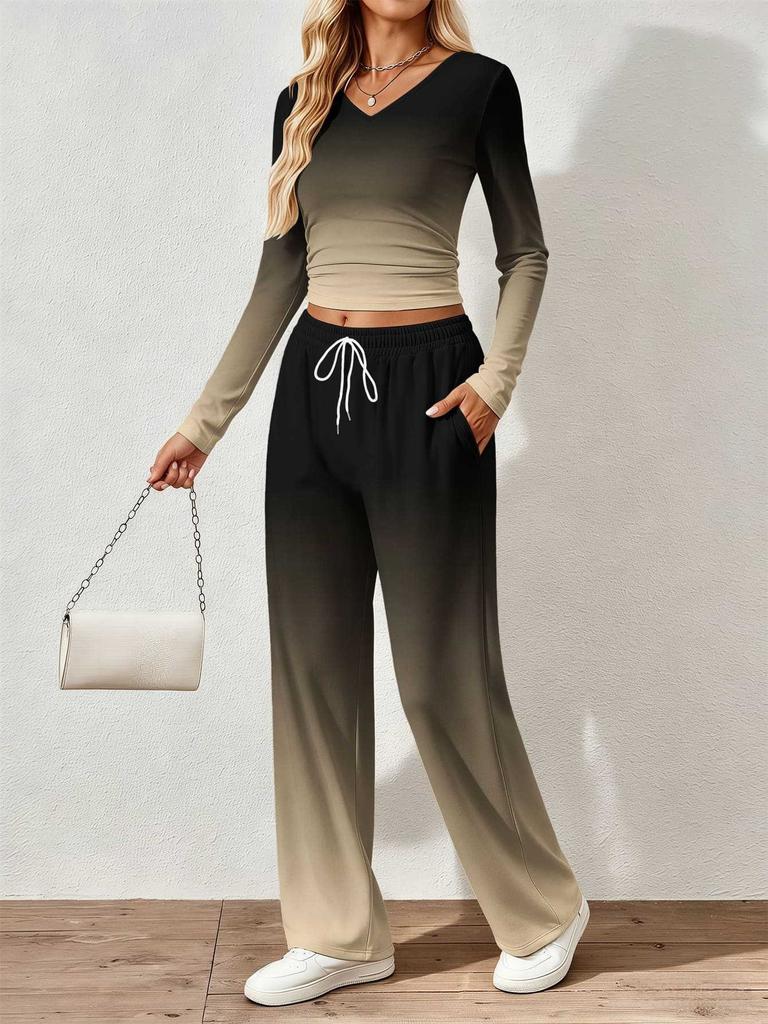 Spring and Autumn digital print women's V-neck long sleeve pants set, comfortable, casual, versatile, slim fit two-piece set