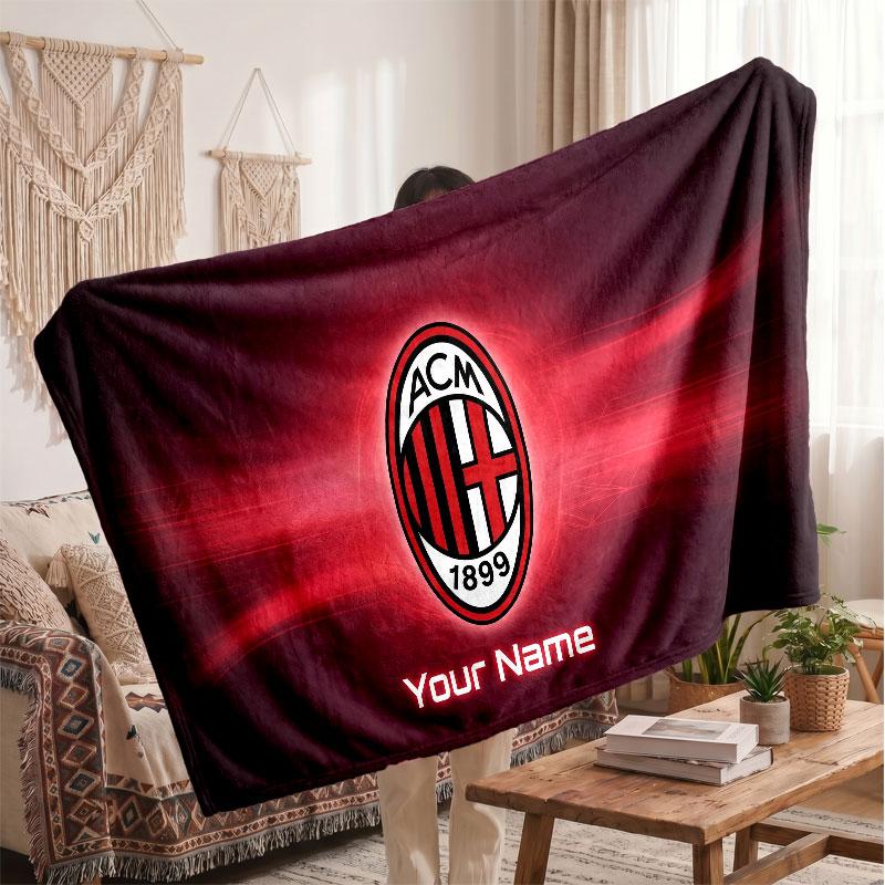 AC Milan Personalized Fleece Blanket With Football Logo, Custom Name Text Soft Warm Home Throw Blanket