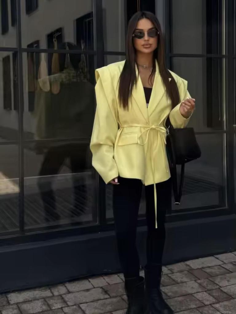 Women's Fashion Padded Shoulder Suit Jacket with Tie-Waist