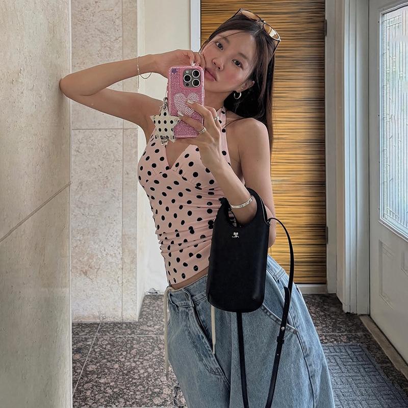 Pure Polka Dot Spice Girl Neck Suspender Vest Women's Summer Sexy Lace-up Skinny Slim Top