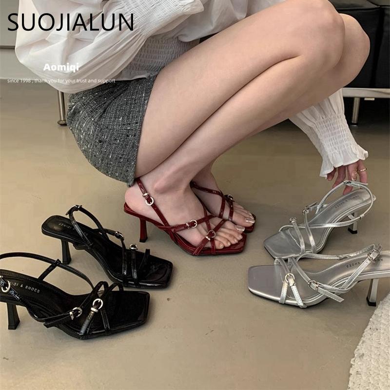 Fashion SUOJIALUN 2025 Summer New Brand Women Sandal Fashion Narrow Band Ladies Elegnat Gladiator Shoes Thin High Heel Dress Pumps Shoes